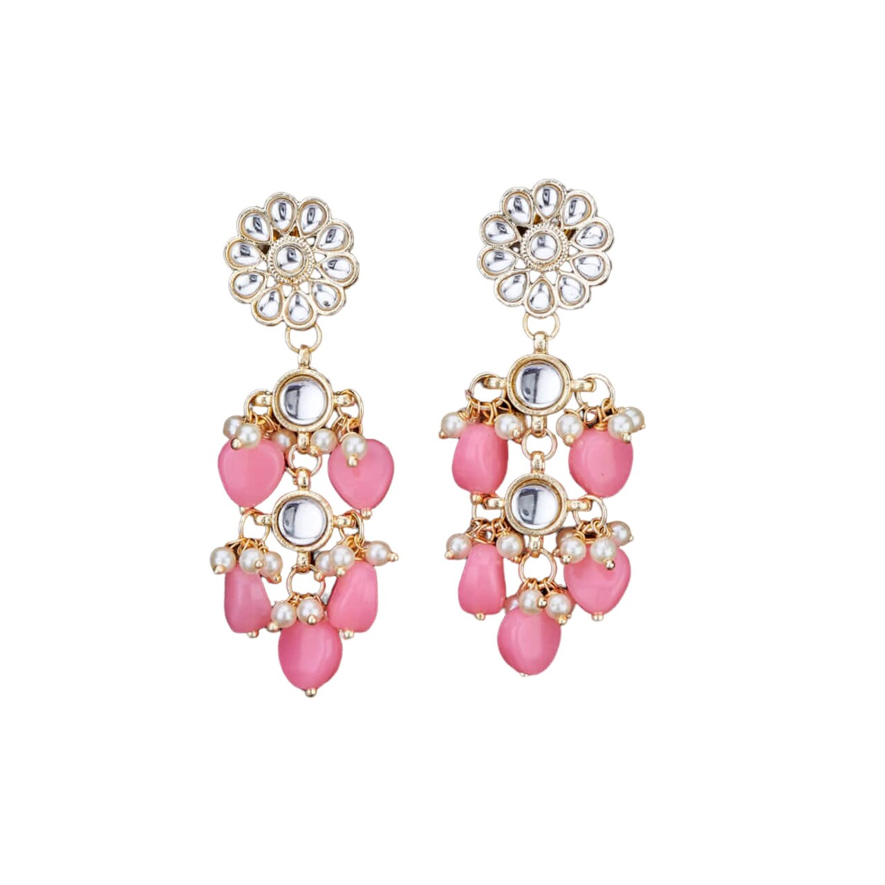 Indian Jhumka Earrings for Women - Large Floral Kundan Faux Pearls Drop Chanbali Earrings Indian Jhumki Ethnic Beaded Bollywood Style Dangle Earrings Jewelry for Bride Birthday Gift for Her